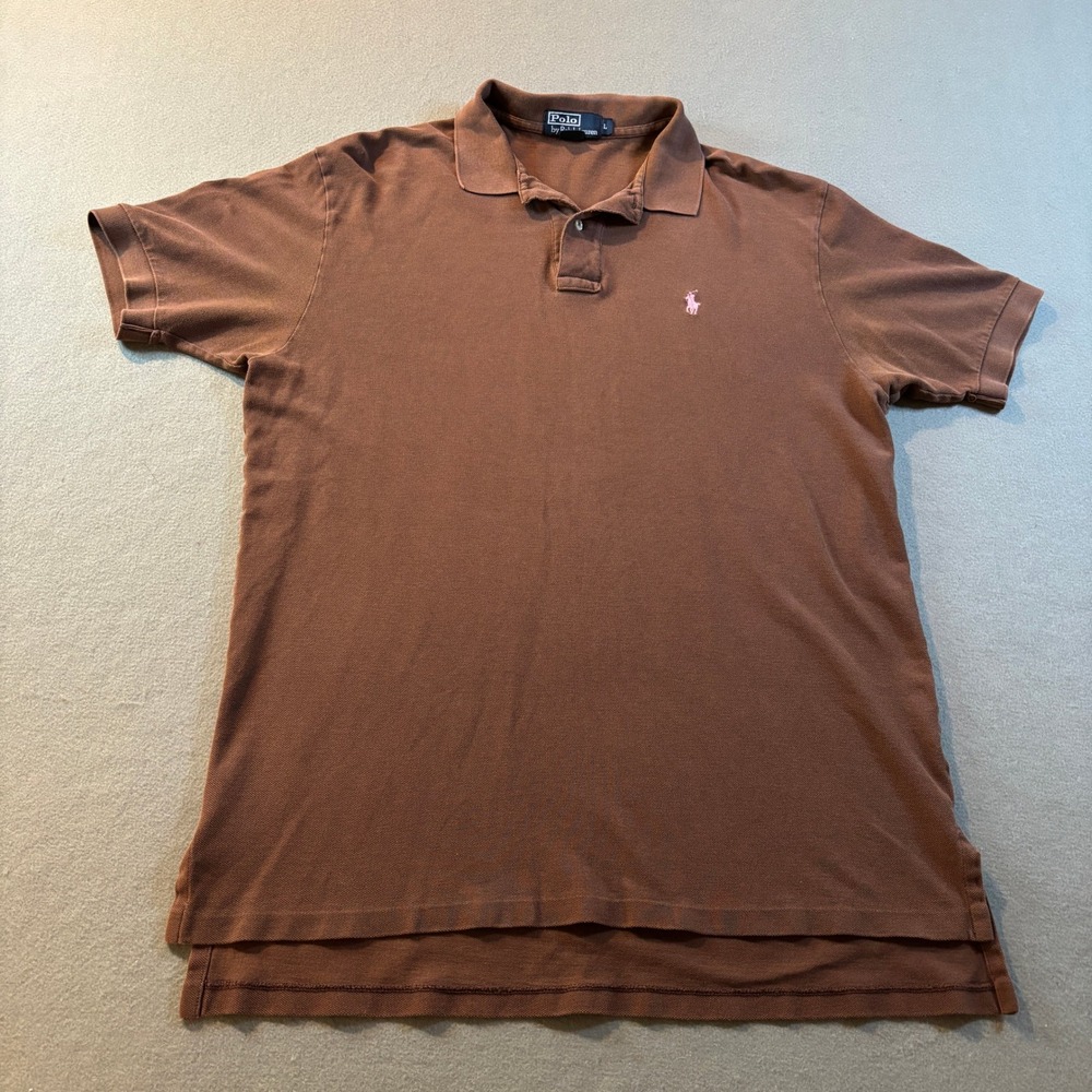 VTG Polo Ralph Lauren Shirt Mens L Brown Pink Pony Logo Short Sleeve Pique Y2K